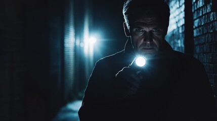 A detective holding a flashlight, searching through a dark alley. Featuring investigation and tension