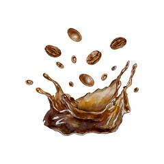 Splash of coffee with drops and roasted brown beans. Hand drawn vector illustration. For postcards, invitations, posters for pastry shops and cafes, large banners, labels.