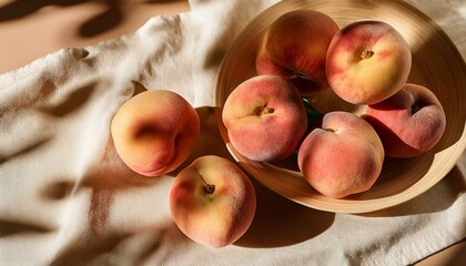 ripe peach fruits on neutral beige tabletop linen tablecloth aesthetic floral sunlight shadow elegant sustainable lifestyle background healthy vitamin food concept
