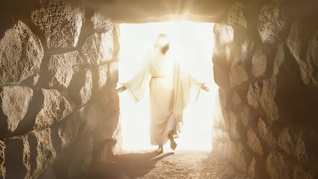 Resurrected Jesus Walking Out of the Tomb