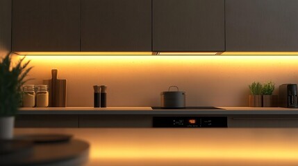 Minimalist kitchen with sleek appliances, glowing AR cooking guide projected, soft natural lighting, photorealistic
