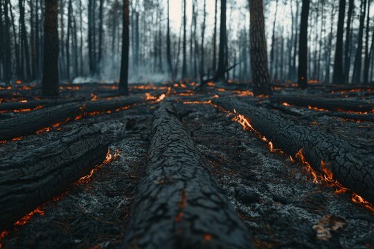 Fire ravaged forest floor with burning logs after a wildfire - environmental disaster