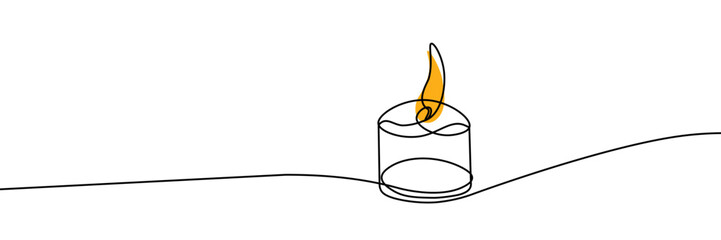 A simple continuous line drawing of a burning candle with a glowing flame, symbolizing light, warmth and relaxation. Vector illustration