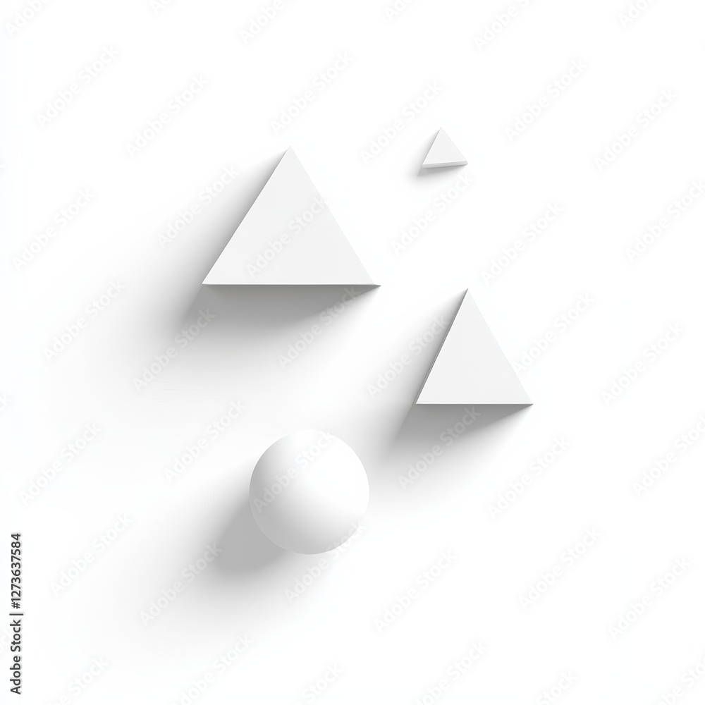 Poster White Geometry: An Abstract Composition of Spheres and Triangles Floating on a Clean, Minimal Background