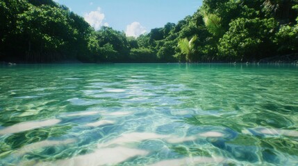 Fototapeta premium Serene tropical lagoon with clear water and lush greenery.