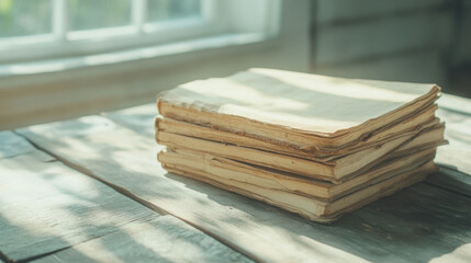 Stack of vintage books on wooden table in sunlit room with soft shadows