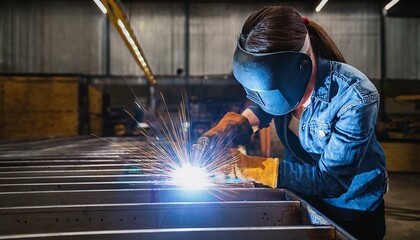 industrial welder welding fabricated construction in factory welding process by shielded metal arc welding smaw or stick welding