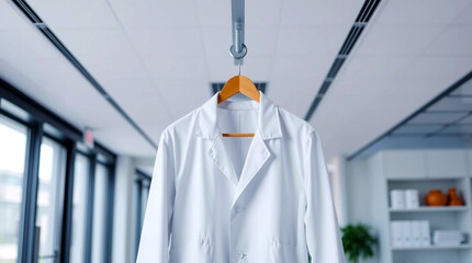 A white lab coat hanging on a hook in a clean medical office