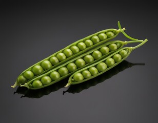 Fresh green pea pods with plump peas reflecting elegantly on a dark surface.
