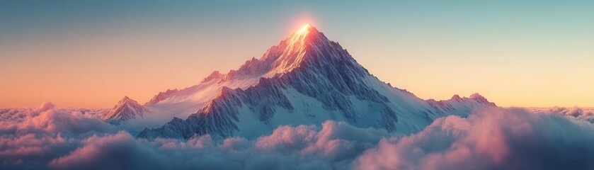Fototapeta premium Mountain peak at sunrise with glowing AR elevation tracker, serene atmosphere, soft natural lighting, photorealistic