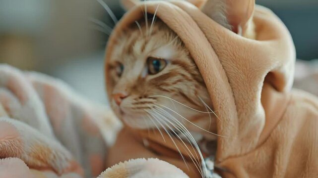 Motion of a playful cat wearing a cozy hoodie while relaxing indoors, capturing a moment of innocent curiosity and charm