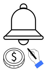 Bell signifies notifications, coin symbolizes finance, and hand with pen indicates action. Ideal for productivity, reminders, decisions, money, alerts, business abstract line flat metaphor