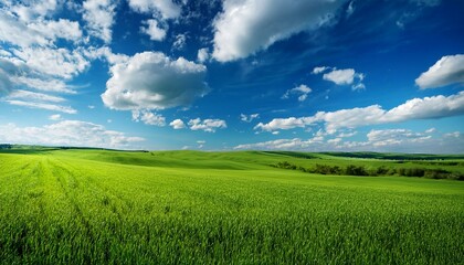 Fototapeta premium a splendid blue sky with white clouds over the spring fields on which fresh greens have grown