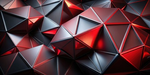 Fototapeta premium Geometric shapes in deep red and black metallic colors, placed on a sleek contrast background