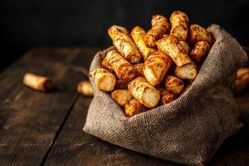 Obraz premium Jerusalem artichokes in burlap sack on wooden table for healthy recipes and cuisine
