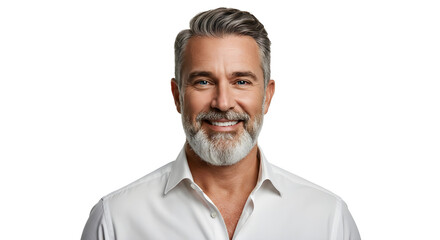 Professional studio portrait of a smiling businessman in a formal shirt, standing against a clean white background 