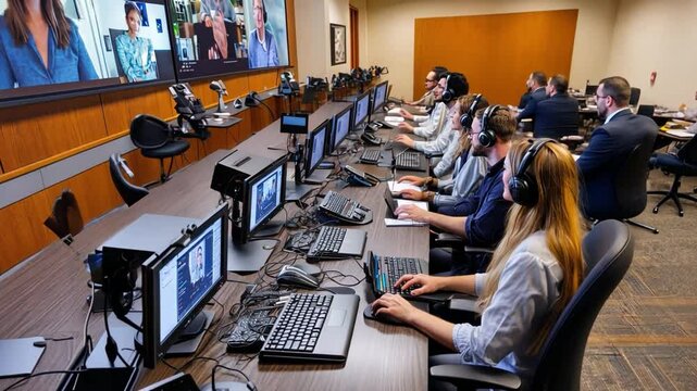 Connected Collaboration: A team of professionals engaged in a dynamic video conference meeting, their focus split between individual screens and a shared display.