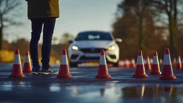 Driving instructor demonstrating skills beside traffic cones driving school outdoor practice daylight instructional technique