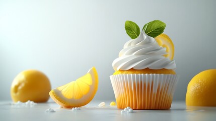 Delicious lemon cupcake on white surface with lemon slices, studio shot
