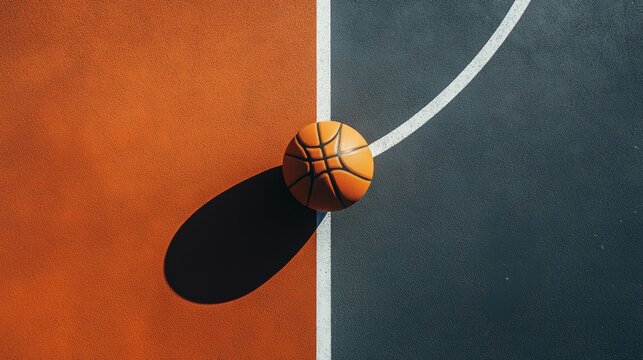 The basketball is lying on the basketball court. hard shadows, orange and gray tones, view from above
