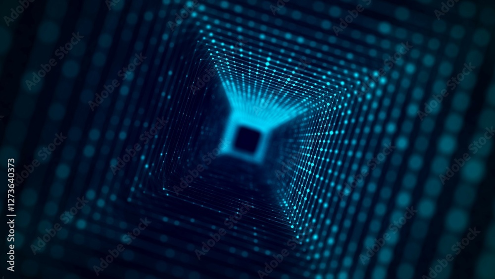 Poster cyber square tunnel consisting of moving glowing points. futuristic infinite space background. conce