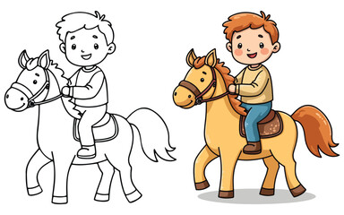 A boy is riding on horse Isolated Line Art Vector Outline Illustration Black and White with Coloring Sample