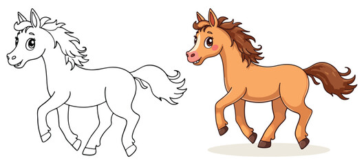 A horse is running Isolated Line Art Vector Outline Illustration Black and White with Coloring Sample