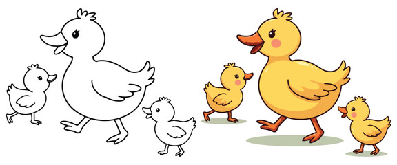 A duck is walking around with its chicks Isolated Line Art Vector Outline Illustration Black and White with Coloring Sample