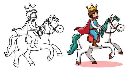 A prince is riding on a horse Isolated Line Art Vector Outline Illustration Black and White with Coloring Sample