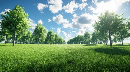 Obraz premium Lush grassy field with diverse trees scenic landscape nature photography bright sunny day wide angle view