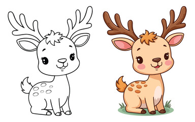 A Cute Deer Isolated Line Art Vector Outline Illustration Black and White with Coloring Sample