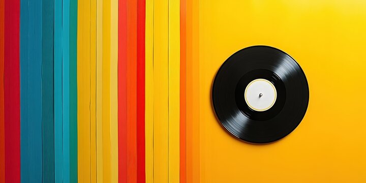 A sleek black vinyl record glides across a vibrant yellow backdrop, capturing intrigue with its mysterious spin. Positioned on the right, it seems to beckon you closer