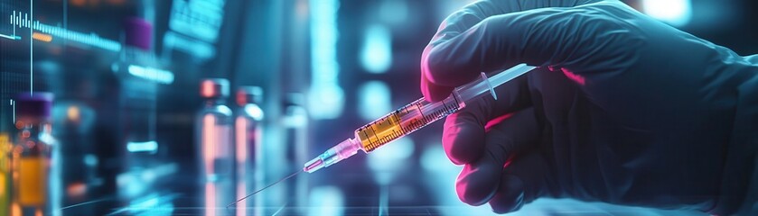 Nurse administering vaccination with holographic health data, bright clinical setting, glowing interface, photorealism