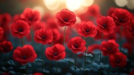 Fototapeta premium Red poppies field at sunset, vibrant flowers in a meadow
