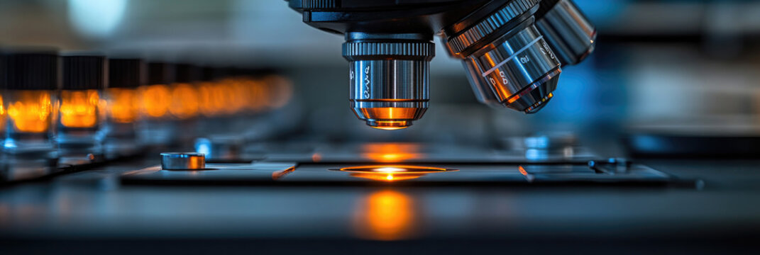 Close-up view of a microscope with illuminated lenses in a laboratory setting during a scientific experiment