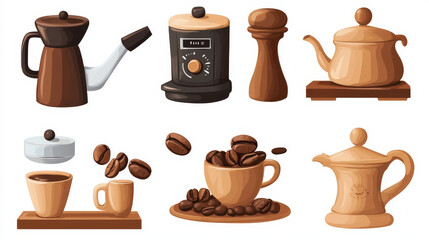 Big set of coffee equipment. Round banner with place for text. Coffee maker, mill, coffee machine and cezve vector illustration.