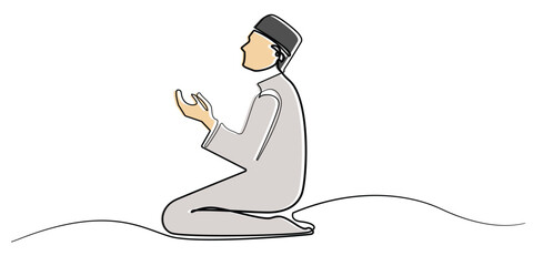 Line art drawing of a Muslim man praying. Line art of a Muslim man praying looking up. Islamic design elements in one line