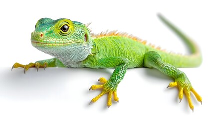 Obraz premium Vibrant Green Chinese Water Dragon Reptile Perched on White Background Closeup macro shot of this exotic amphibious lizard with scaly skin long tail and striking colors resting in a studio setting