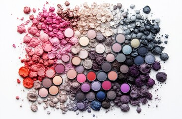Vibrant arrangement of colorful eyeshadow pigments scattered artistically on a white surface