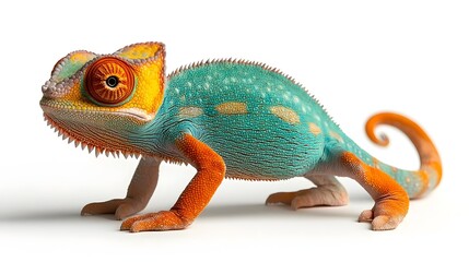 Obraz premium Captivating Close Up of a Vibrant Chameleon Walking Mid Step Showcasing Its Curled Tail and Mesmerizing Independent Eye Movement on a Pristine White Background