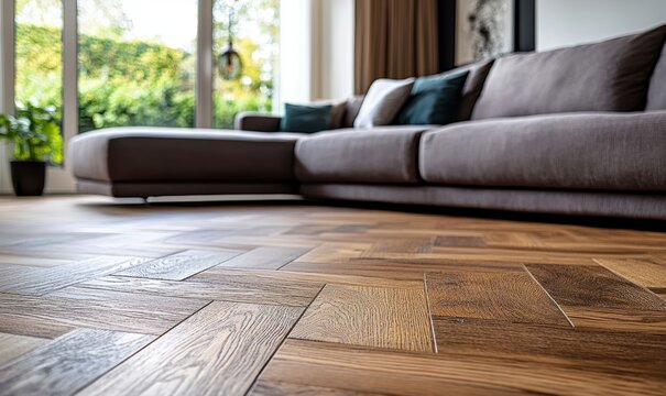 Sophisticated herringbone pattern parquet wood floor, showcasing the elegance of traditional craftsmanship in contemporary interior design