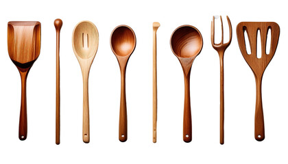 wooden kitchen utensils isolated on white transparent background PNG