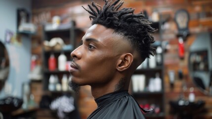 Fototapeta premium A young man with unique dreadlocks sits in a barbershop chair, wearing a cape, as a barber carefully shapes his hairstyle. The atmosphere is lively and engaging.
