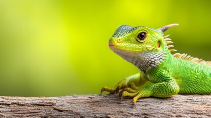 Obraz premium Closeup of a Chinese Water Dragon with a Vibrant Green Body and Long Tail Resting Calmly on a Perch Showcasing the Exotic Beauty and Serene Presence of this Remarkable Reptile