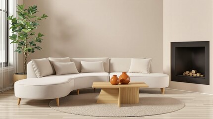 A living room with a couch, coffee table, and fireplace