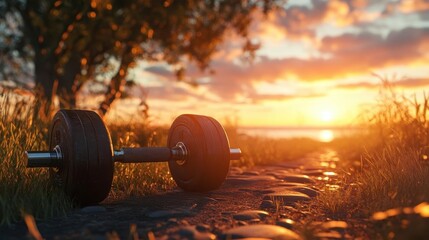 Outdoor cross-training session at sunrise, vibrant sky, natural setting, fitness-focused, photorealistic