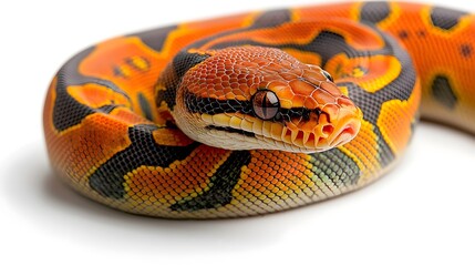Fototapeta premium Coiled ball python with intricate patterned scales resting in a relaxed pose on a clean white background The snake s elegant spiral like body and its detailed