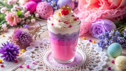 Whimsical Pastel-Colored Drink with Creamy Topping and Delicate Floral Accents on a Lacy Doily