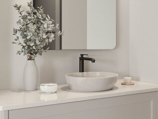 Fototapeta premium A white sink with a black faucet and a white bowl