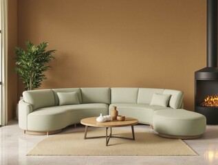 A living room with a couch, coffee table, and fireplace